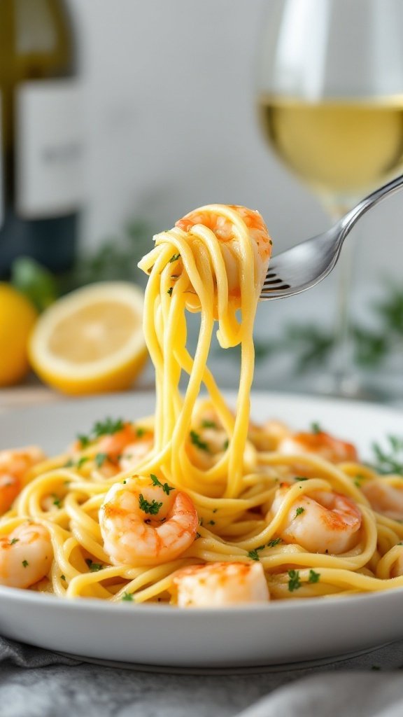 A plate of shrimp scampi with spaghetti and a glass of white wine in the background