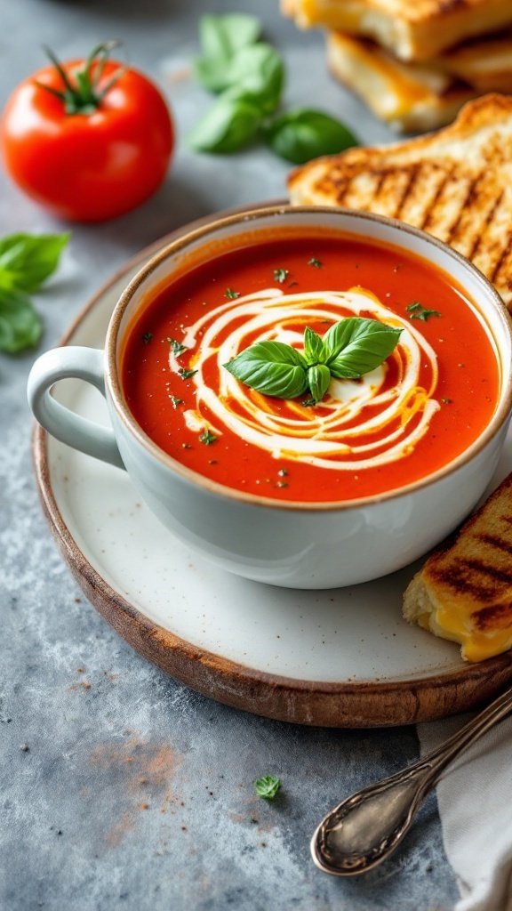 A bowl of classic tomato basil soup topped with fresh basil leaves and a swirl of cream, served with grilled cheese sandwiches.