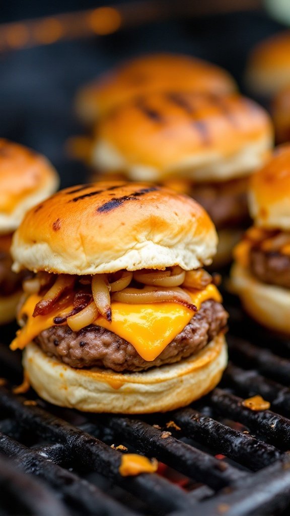 Classic Turkey Burger Sliders with melted cheese and toppings on a grill