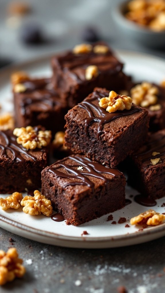 Coconut flour brownies on a plate with walnuts
