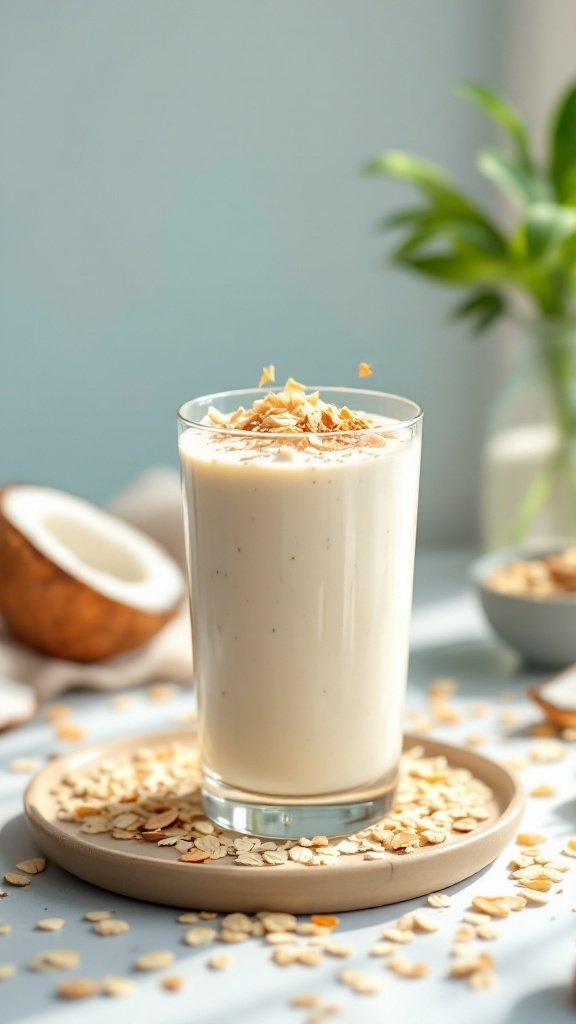 A refreshing coconut oatmeal smoothie in a glass with toasted coconut flakes on top.
