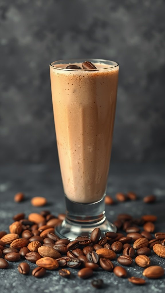 A delicious coffee almond smoothie in a tall glass, surrounded by coffee beans and almonds.