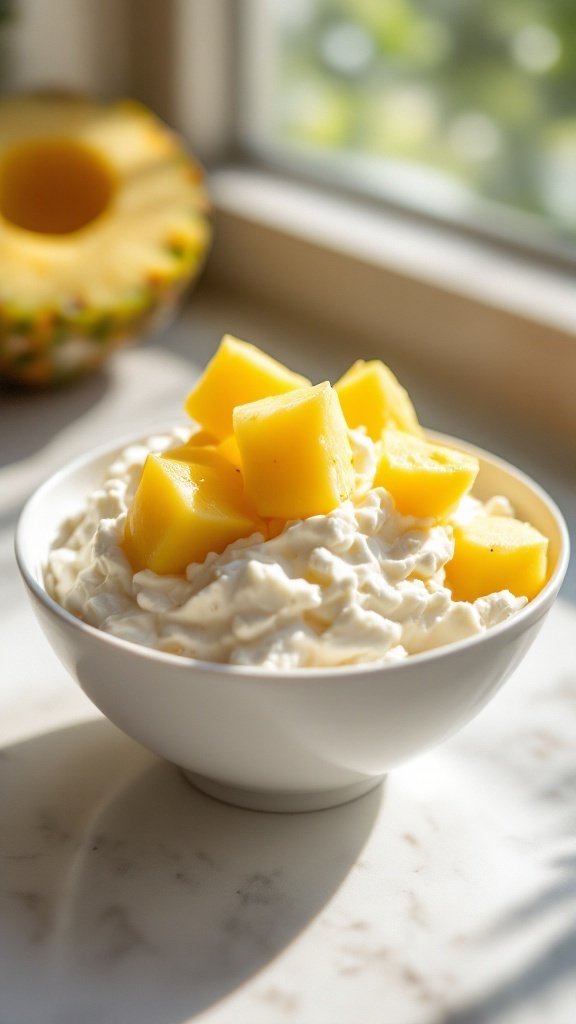 A bowl of cottage cheese topped with pineapple chunks