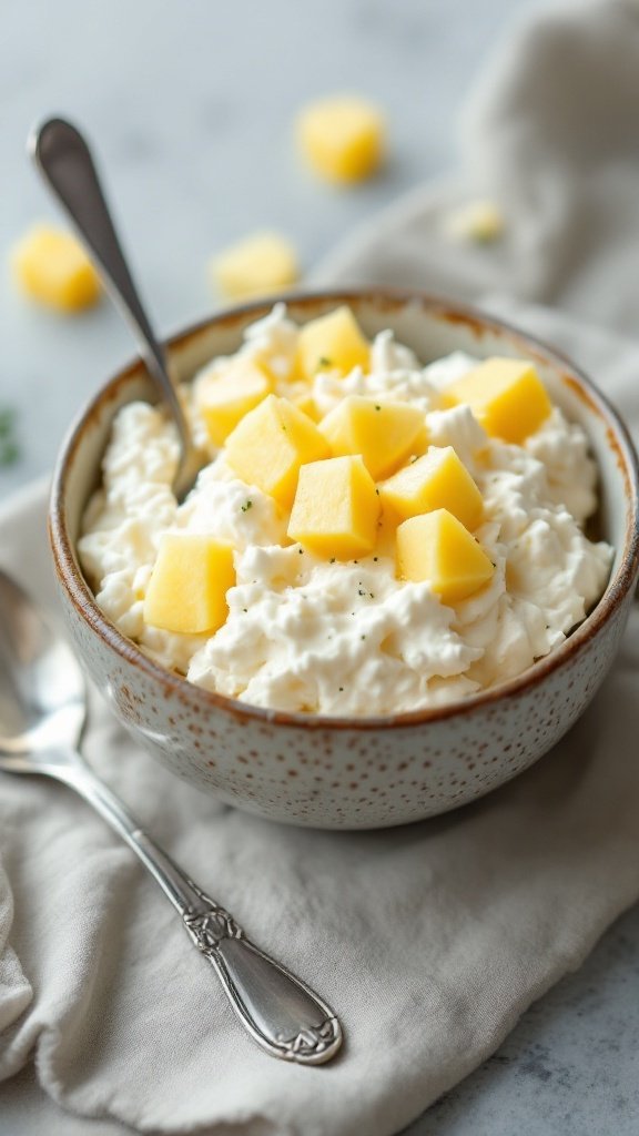 A bowl of cottage cheese topped with fresh pineapple cubes