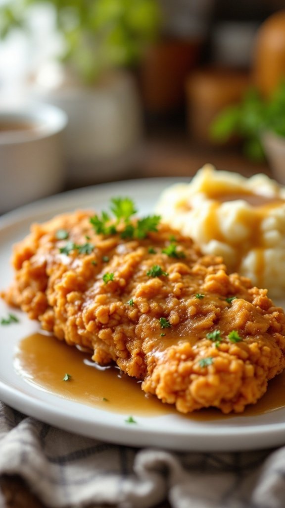 A plate of country fried chicken served with gravy and mashed potatoes