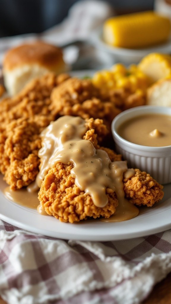 Plate of country fried chicken with gravy, served with biscuits and corn