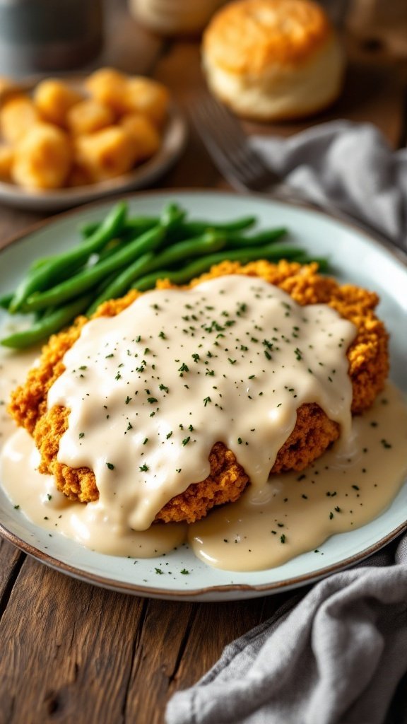 Plate of country fried chicken topped with gravy, served with green beans and biscuits.