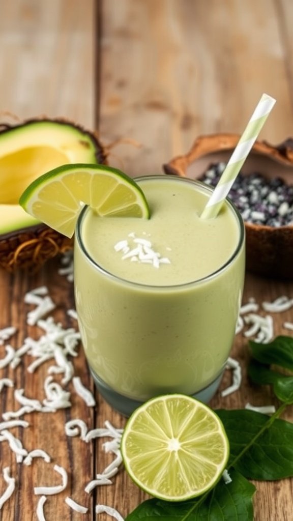 A creamy avocado coconut smoothie topped with a lime slice and coconut shavings.