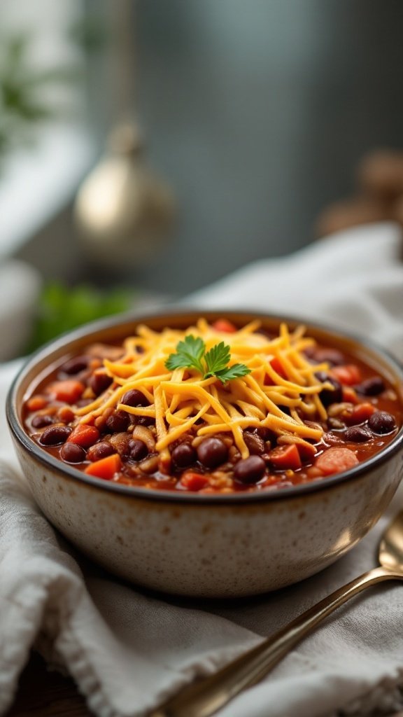 A bowl of creamy cheese and bean chili