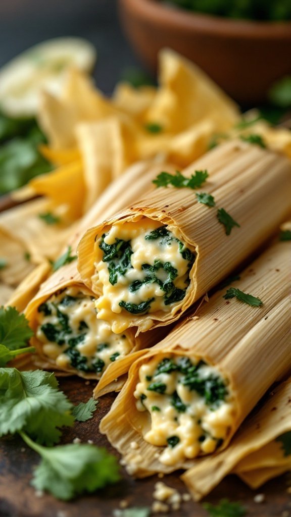 Creamy cheese and spinach tamales with a cilantro garnish