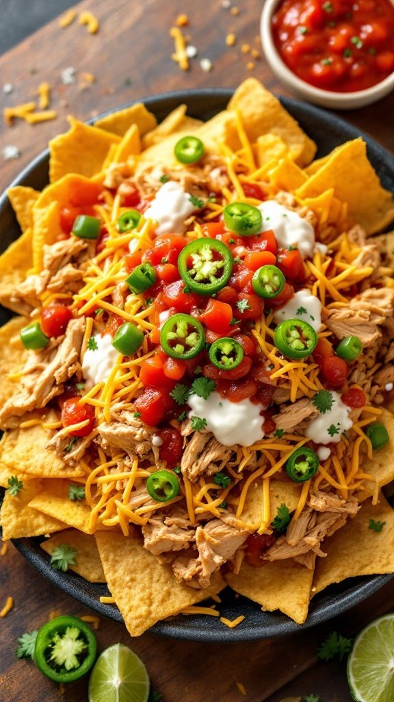 A bowl of creamy chicken and cheese nachos topped with jalapeños, salsa, and sour cream