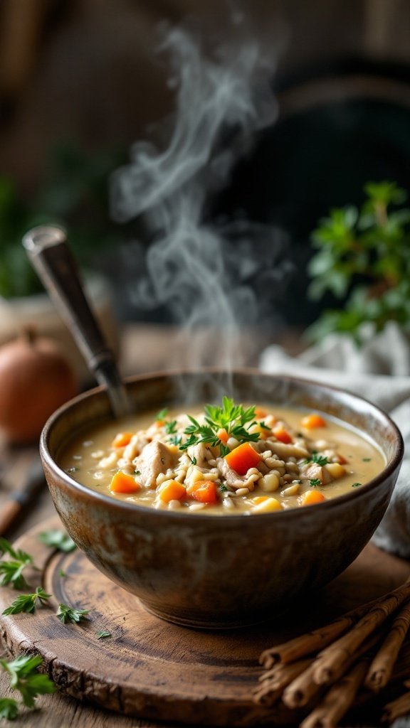 A bowl of creamy chicken and wild rice soup garnished with herbs.