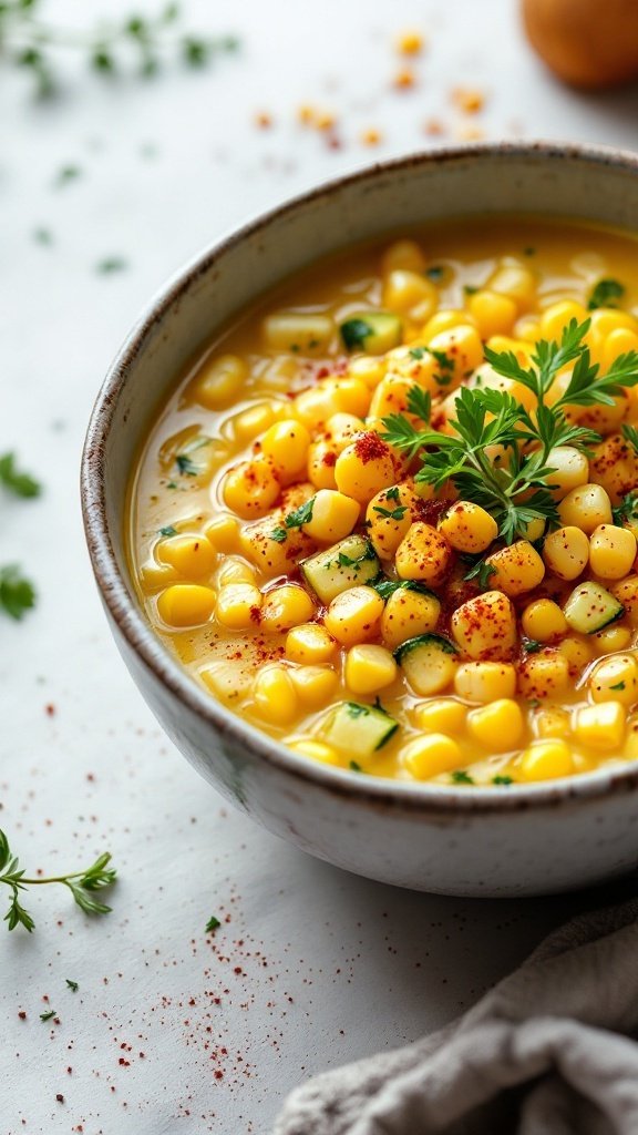 A bowl of creamy corn and zucchini chowder topped with parsley.
