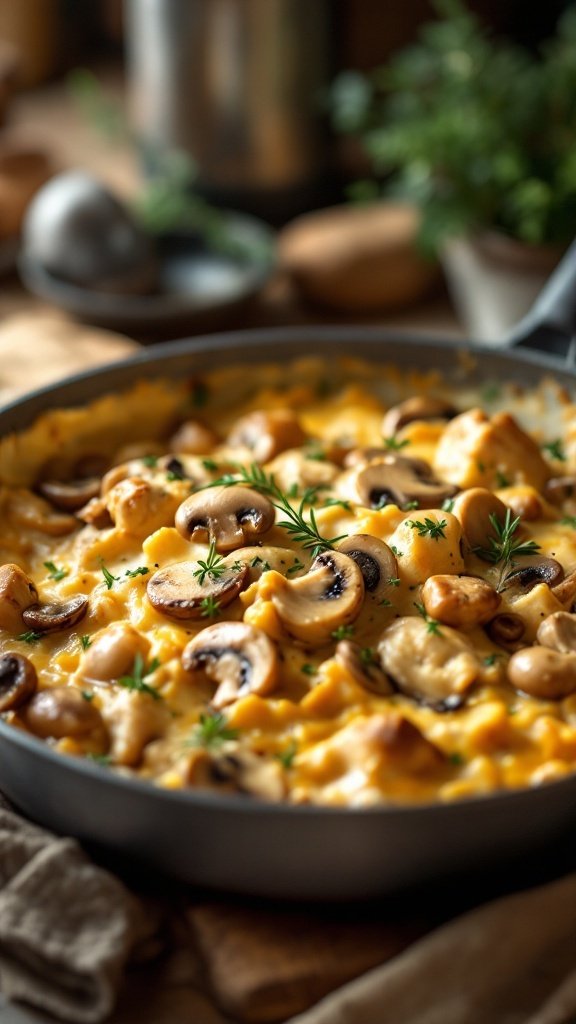 Creamy Mushroom and Chicken Casserole in a baking dish