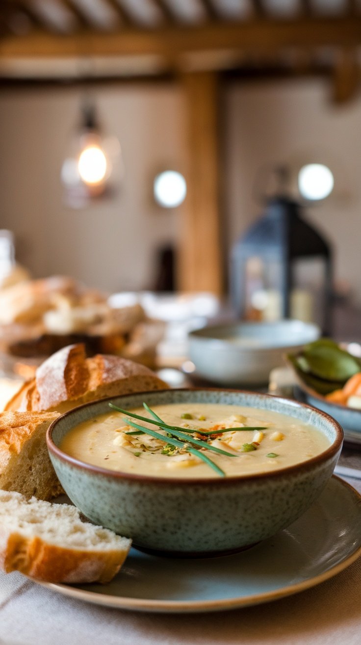 A bowl of creamy potato and leek soup with fresh herbs, served alongside slices of bread.