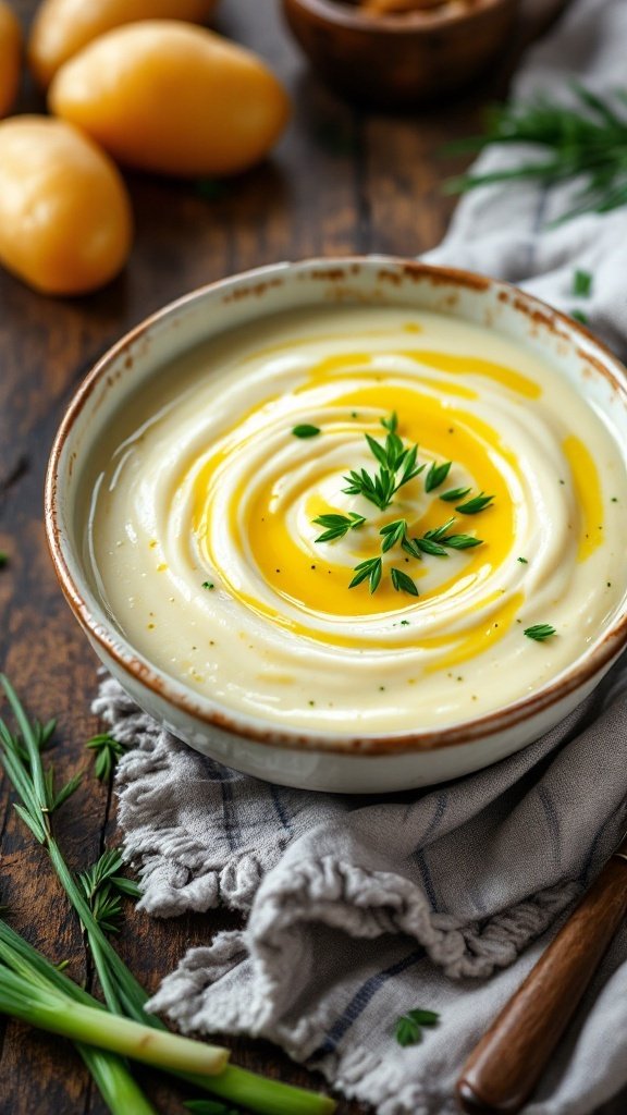 A bowl of creamy potato leek soup garnished with chives