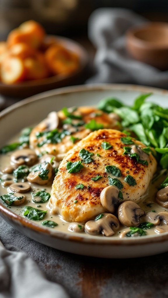 Creamy spinach and mushroom chicken served on a plate with fresh ingredients.