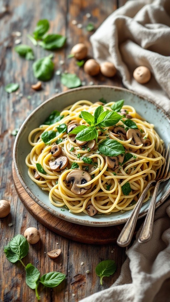 A delicious creamy spinach and mushroom pasta dish with fresh herbs.