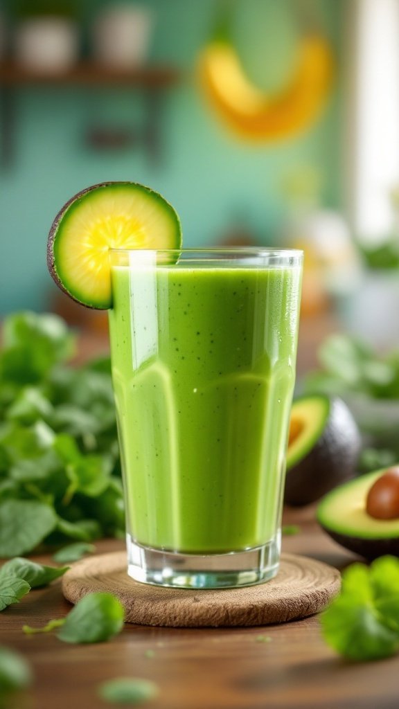 A green smoothie made with spinach and avocado, garnished with a lime slice.