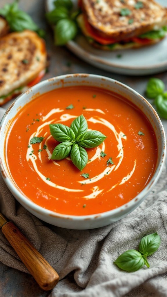 A bowl of creamy tomato basil soup garnished with fresh basil leaves.