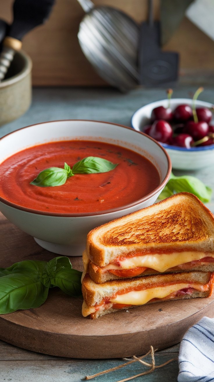 A bowl of creamy tomato basil soup with grilled cheese sandwiches on the side, garnished with fresh basil.