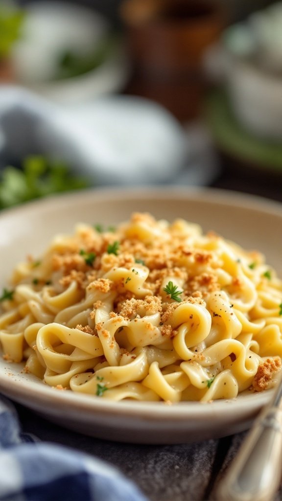 A bowl of creamy tuna noodle casserole topped with crushed potato chips.