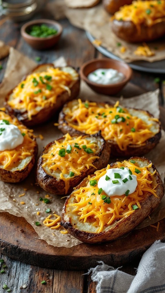 Crispy baked potatoes topped with cheese, sour cream, and chives on a wooden board