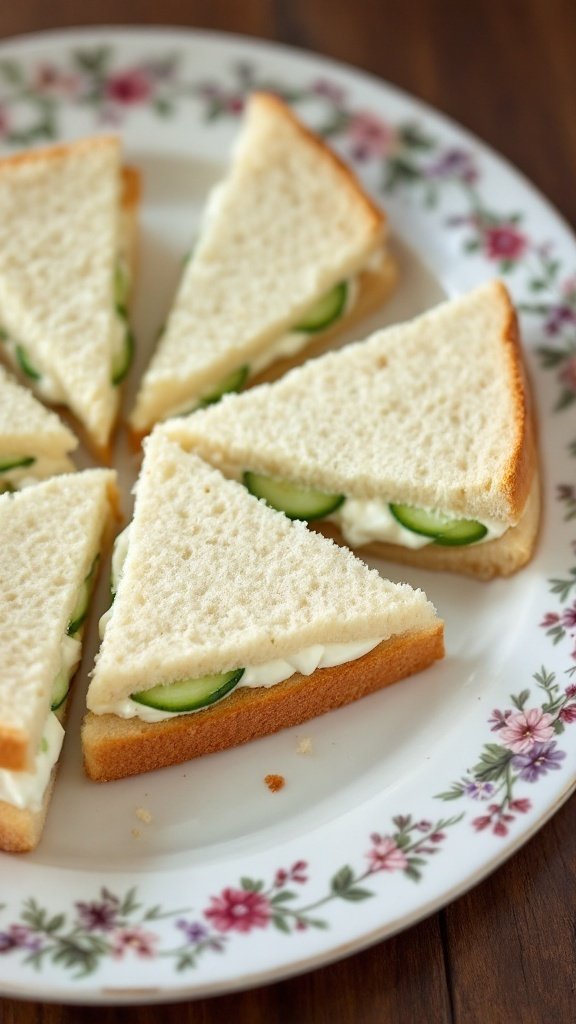 Cucumber and cream cheese sandwiches cut into triangles on a floral plate.