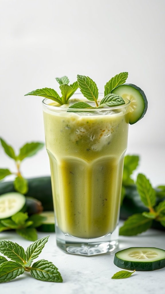 A refreshing cucumber mint smoothie in a tall glass with mint leaves and cucumber slices.