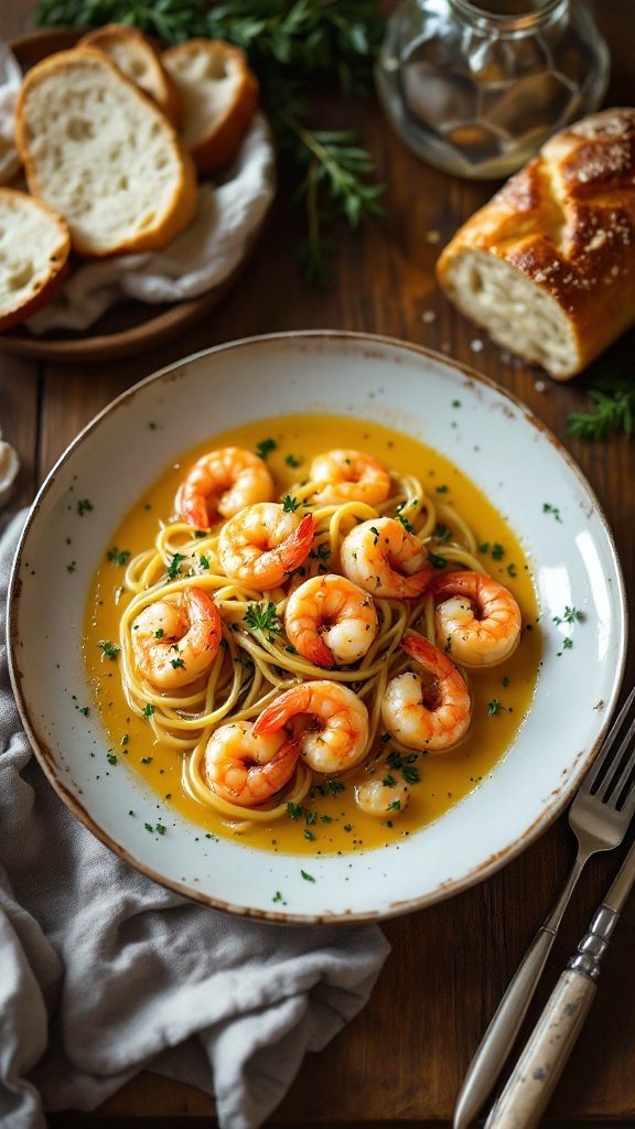 A plate of shrimp scampi served over spaghetti with bread on the side