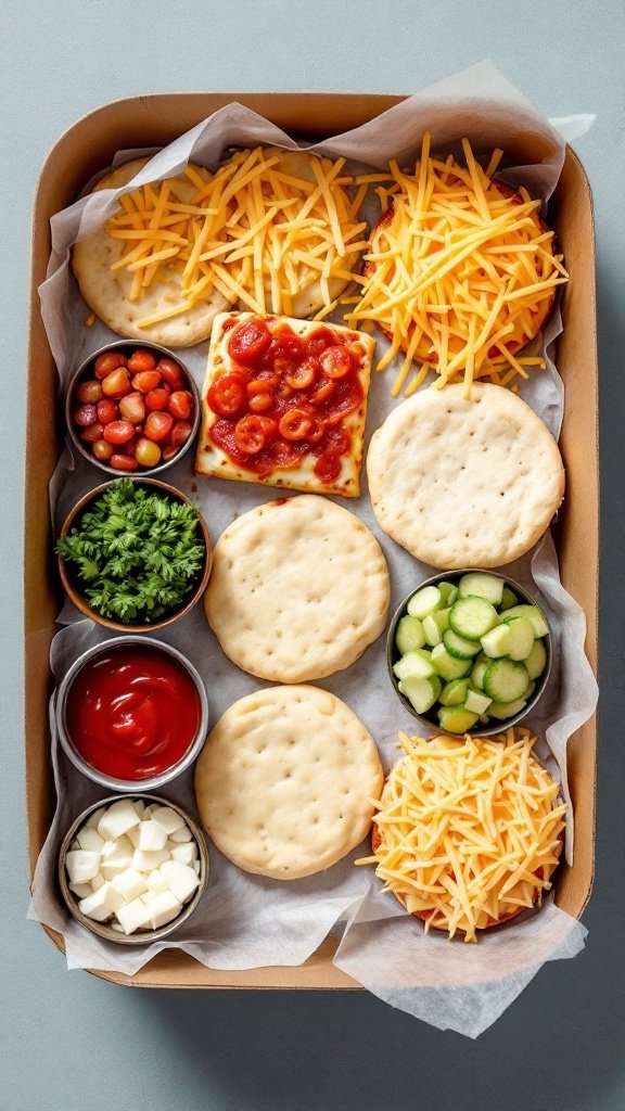 A DIY pizza kit with dough, sauce, cheese, and various toppings.