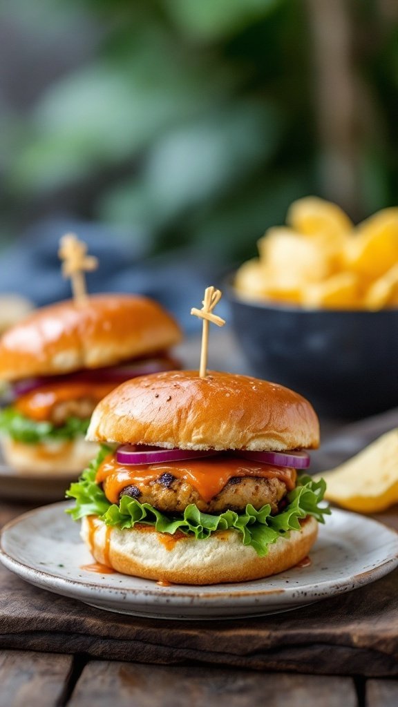 Easy turkey burger sliders with lettuce, onion, and sauce on a plate.