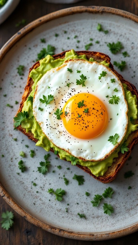 Delicious egg and avocado toast on a plate