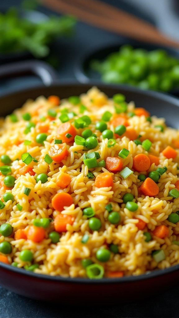 A colorful bowl of egg fried rice with peas and carrots