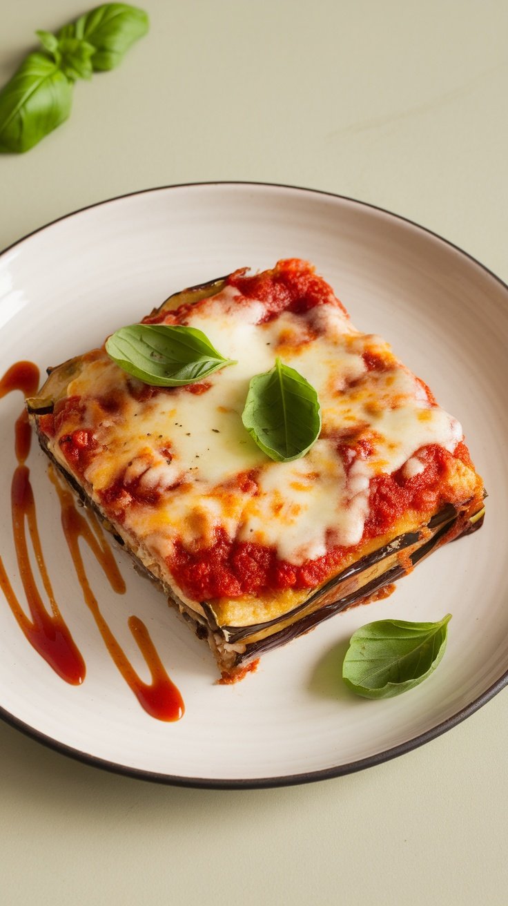 A delicious serving of Eggplant Parmesan Bake garnished with basil leaves.