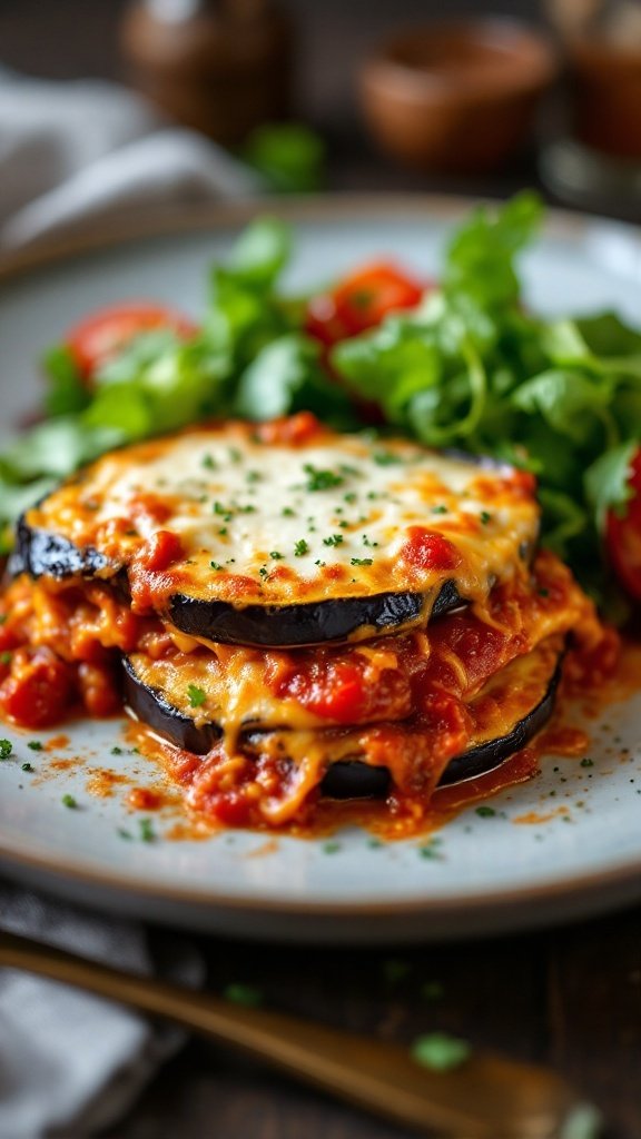 A serving of eggplant parmesan with layers of cheese, marinara sauce, and grilled eggplant, garnished with herbs.