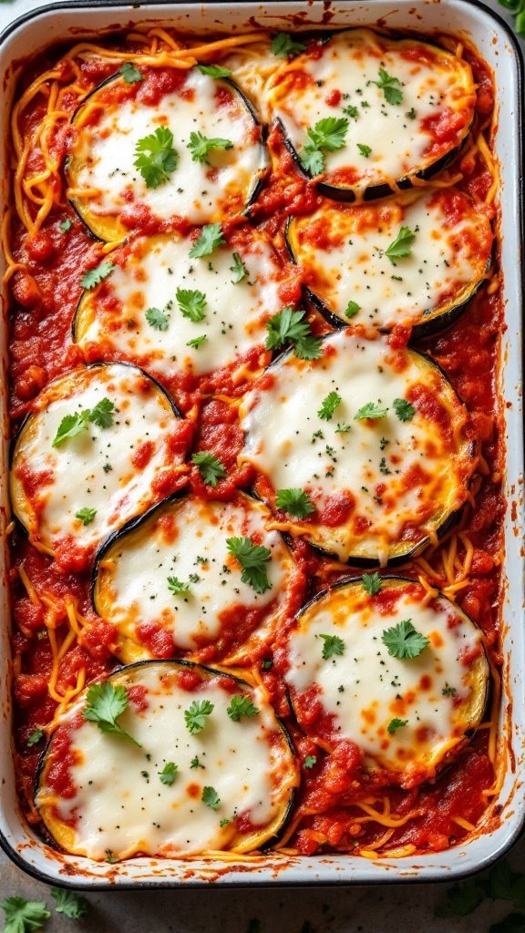 Delicious eggplant parmesan dish with layers of cheese and marinara