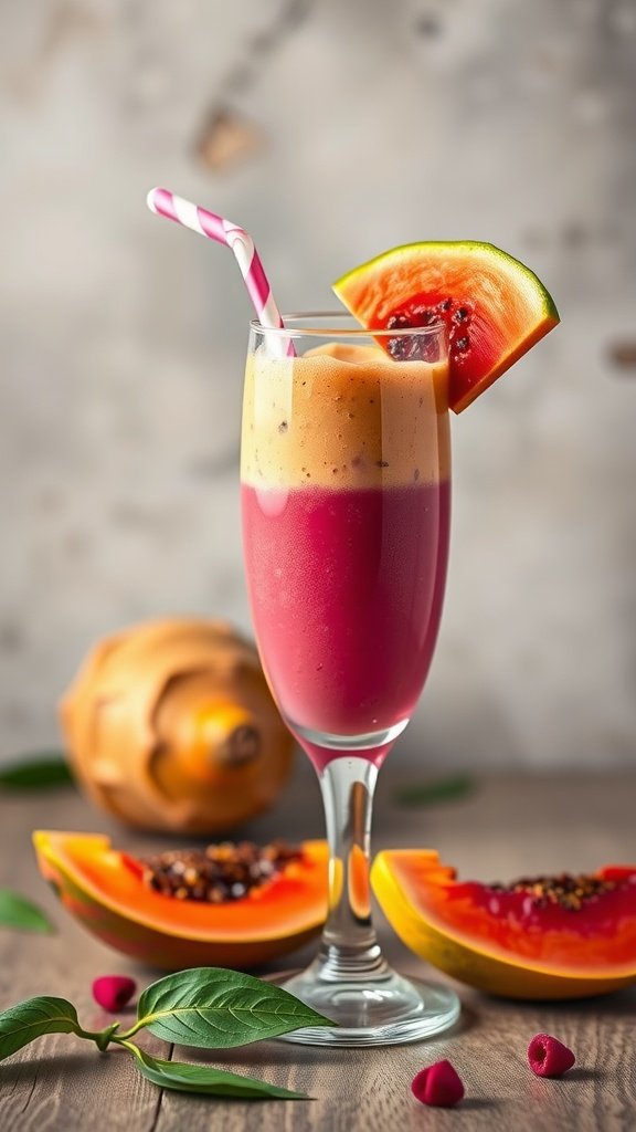 A colorful dragon fruit and papaya smoothie in a glass, garnished with a slice of fruit.