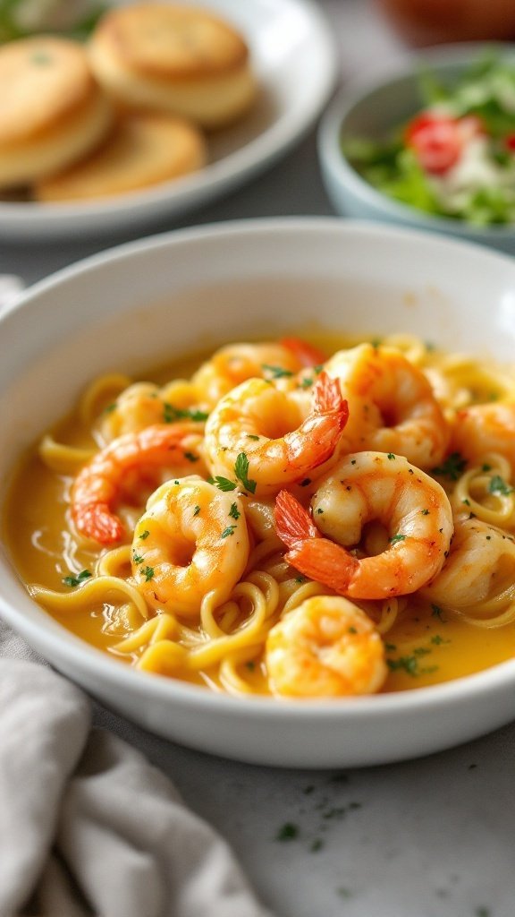 A plate of shrimp scampi served with pasta, garnished with parsley, and accompanied by salad and biscuits.