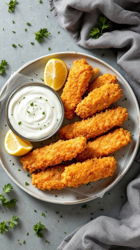 A plate of crispy fish sticks served with tartar sauce and lemon wedges