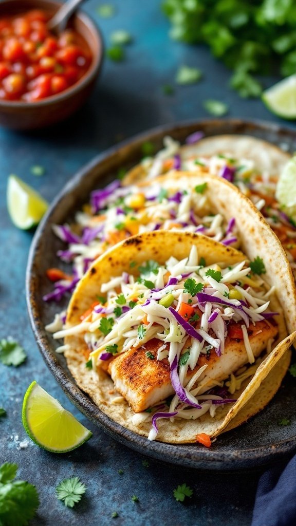 Delicious fish tacos topped with cabbage slaw, served with lime wedges.