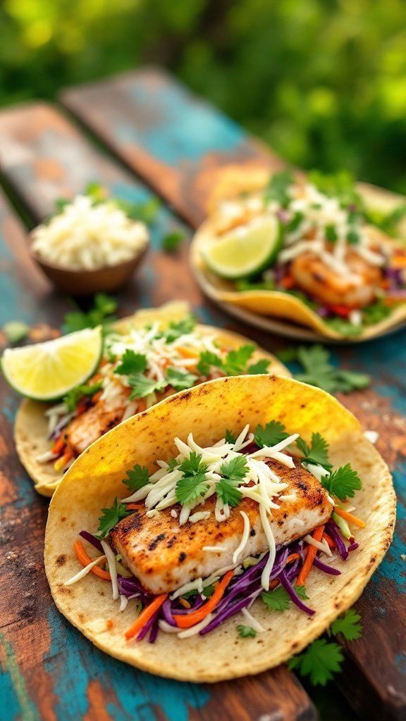 Fish tacos with crunchy slaw topped with cilantro and lime wedges