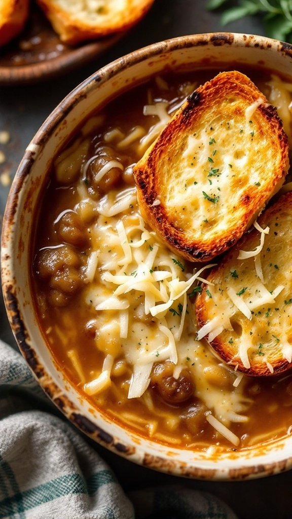 A bowl of French onion soup with melted Gruyère cheese and toasted bread on top.