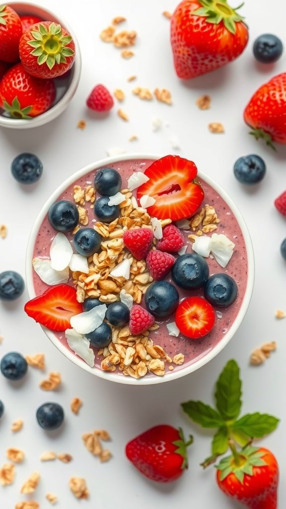 A vibrant frozen mixed berry smoothie bowl topped with granola, fresh strawberries, blueberries, and coconut flakes.