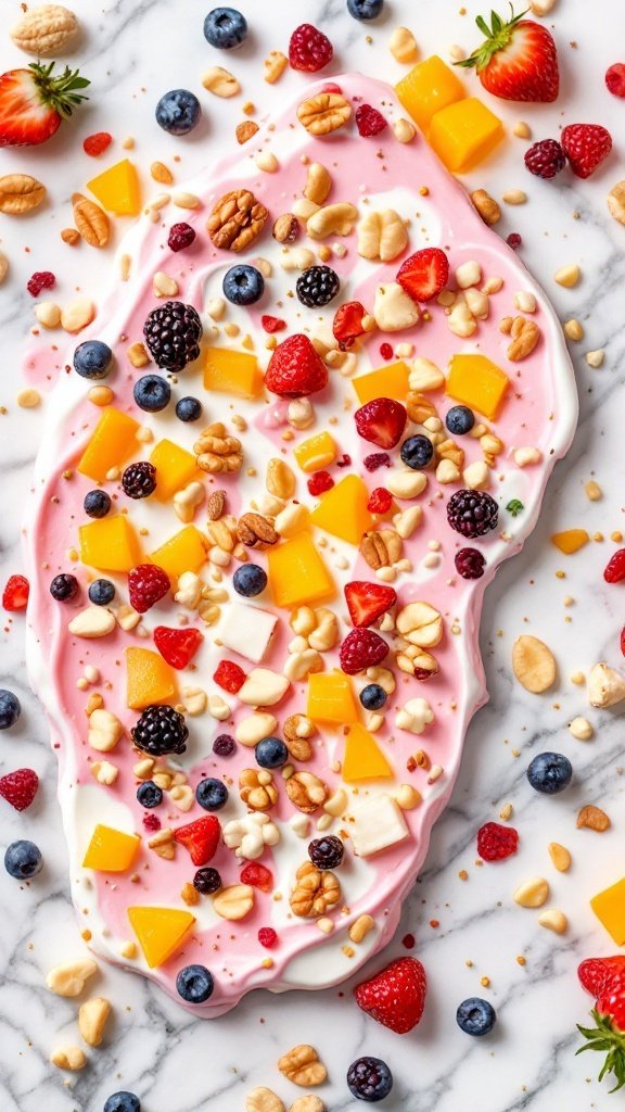 Delicious frozen yogurt bark topped with colorful fruits and nuts.