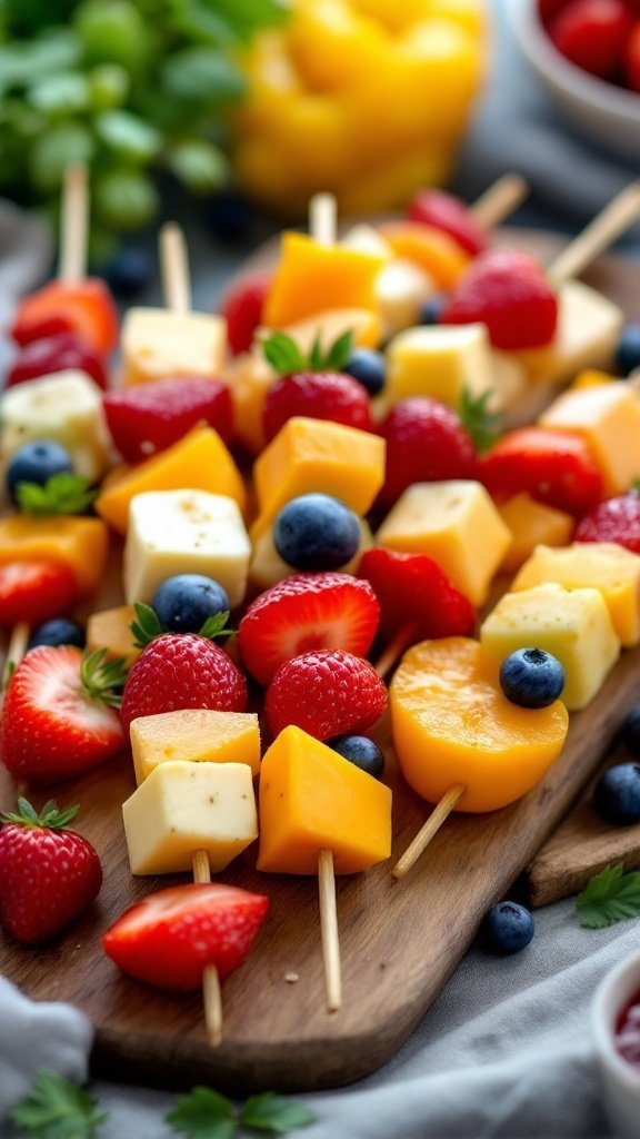 Colorful fruit and cheese skewers on a wooden board