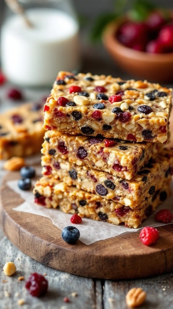 Healthy fruit and nut energy bars stacked on a wooden board