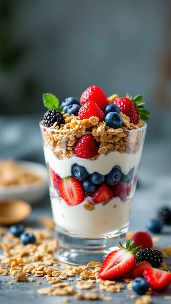 A colorful fruit and yogurt parfait in a glass, layered with yogurt, mixed berries, and granola.