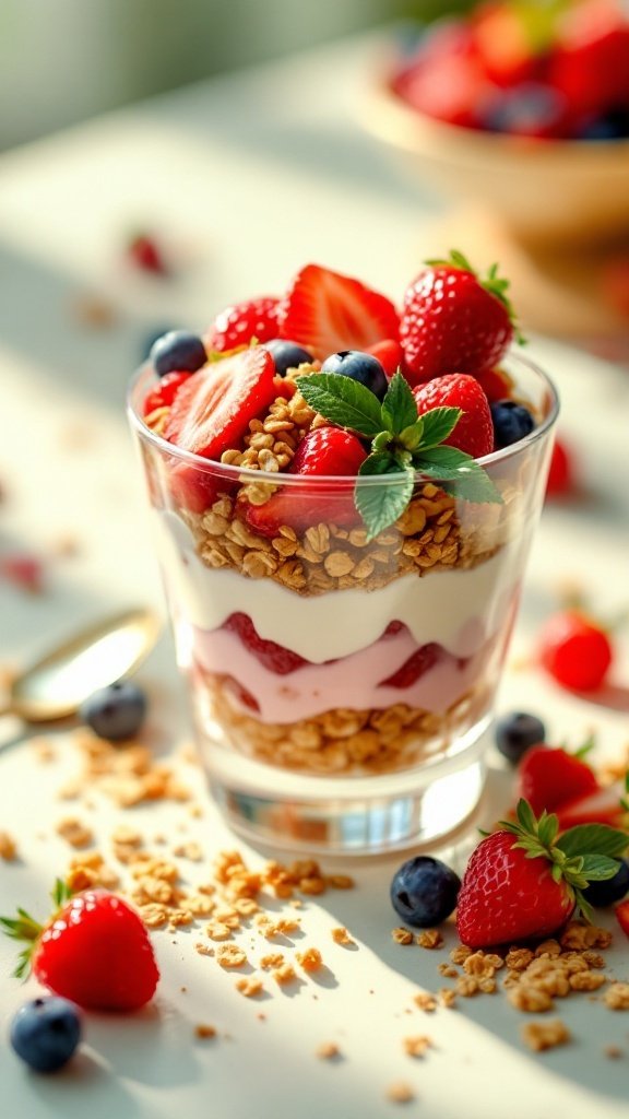 A colorful fruit and yogurt parfait with layers of yogurt, granola, and mixed berries.