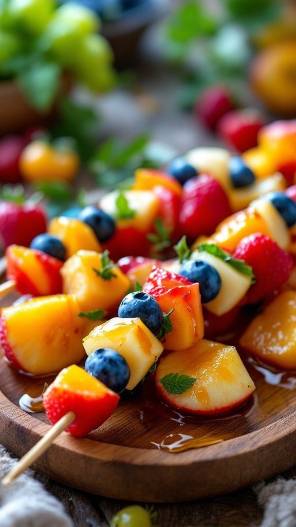 Colorful fruit kabobs with a honey drizzle on a wooden plate.